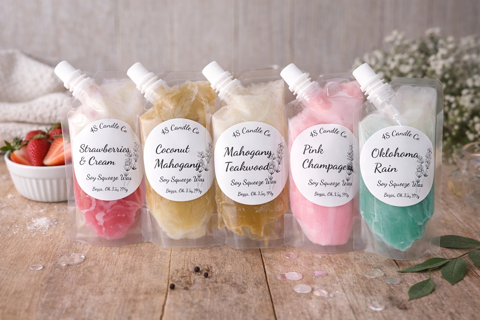 A line of 5 wax melts sit ontop of a wood table. Each melt is a differnt color and each has a label nameing the 4S Candle Co informtion including scent names. A bowl of strawberries, flowers, and a towl sits in the background.