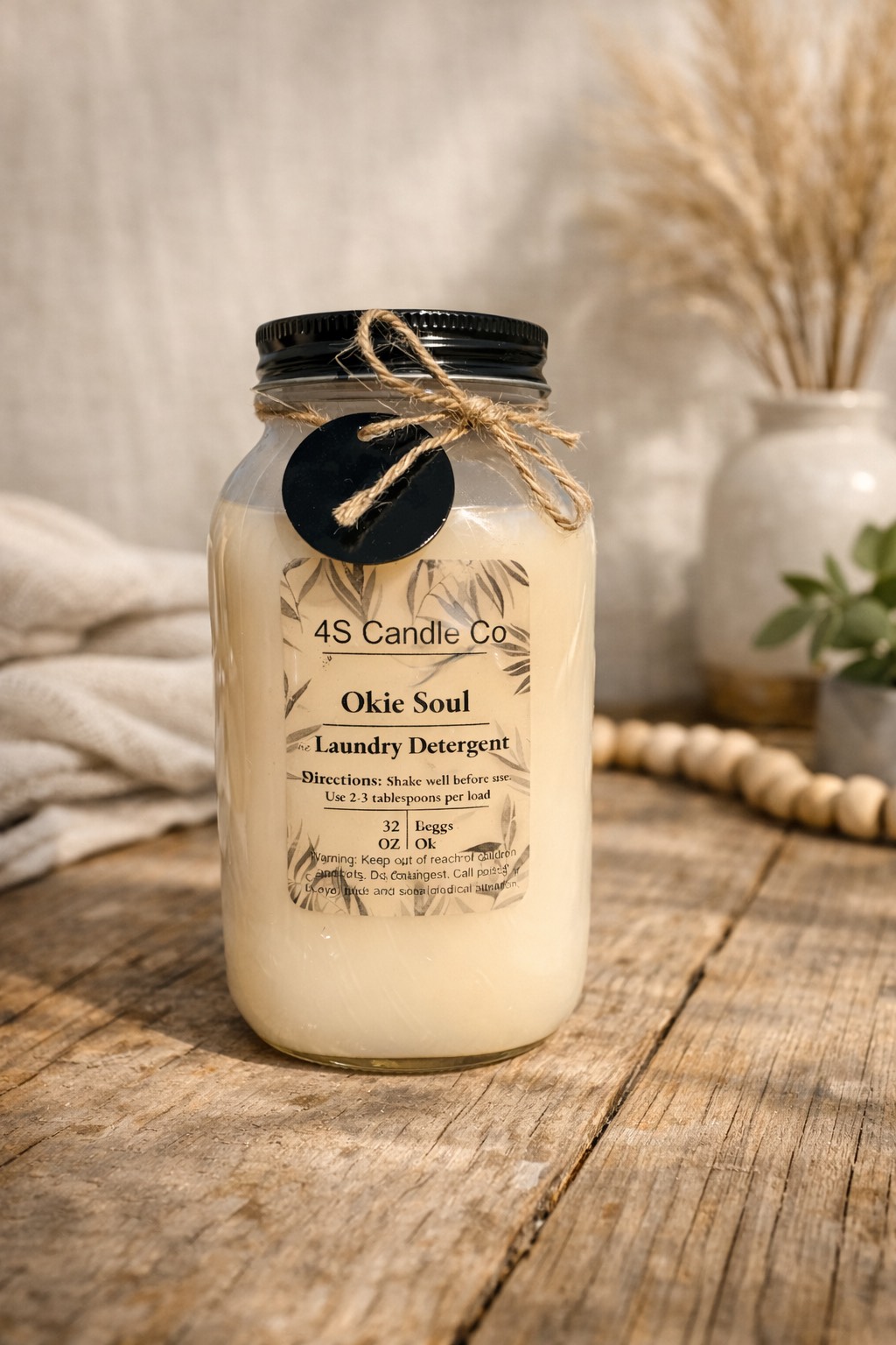 A clear plastic mason jar with a black screw on cap sits on a rustic wood table. The jar has a brown string wrapped around the topped with a bow and a black circle charm attached. The jar is labed with a clear label wich gives product information of weight, product name, instrictions, warning, company name, and scent name. The background consists of a white wall, a blanekt, beads, and flowes in a vase withc areall blurred in the backdrop of the setting.
