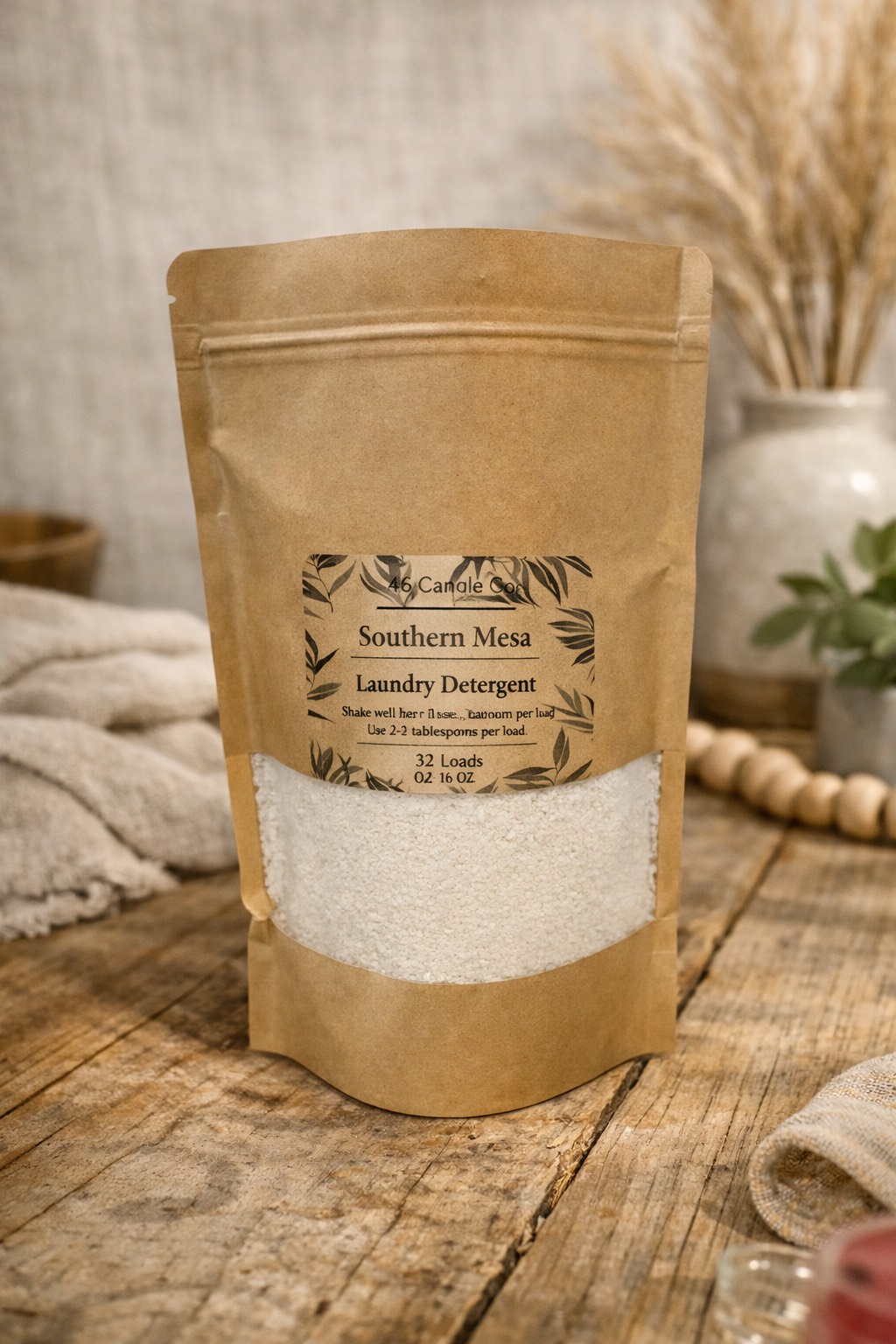 brown craft bag with a clear window showing shite powder laundry detergetn. The package has a clear label with product information: 4S Candle Co, Southern Mesa, INstructions of how to use and weight. (32oz). Package sits on a rustic wood table and background has a plant in a vase, beads, and a blanket for decor.