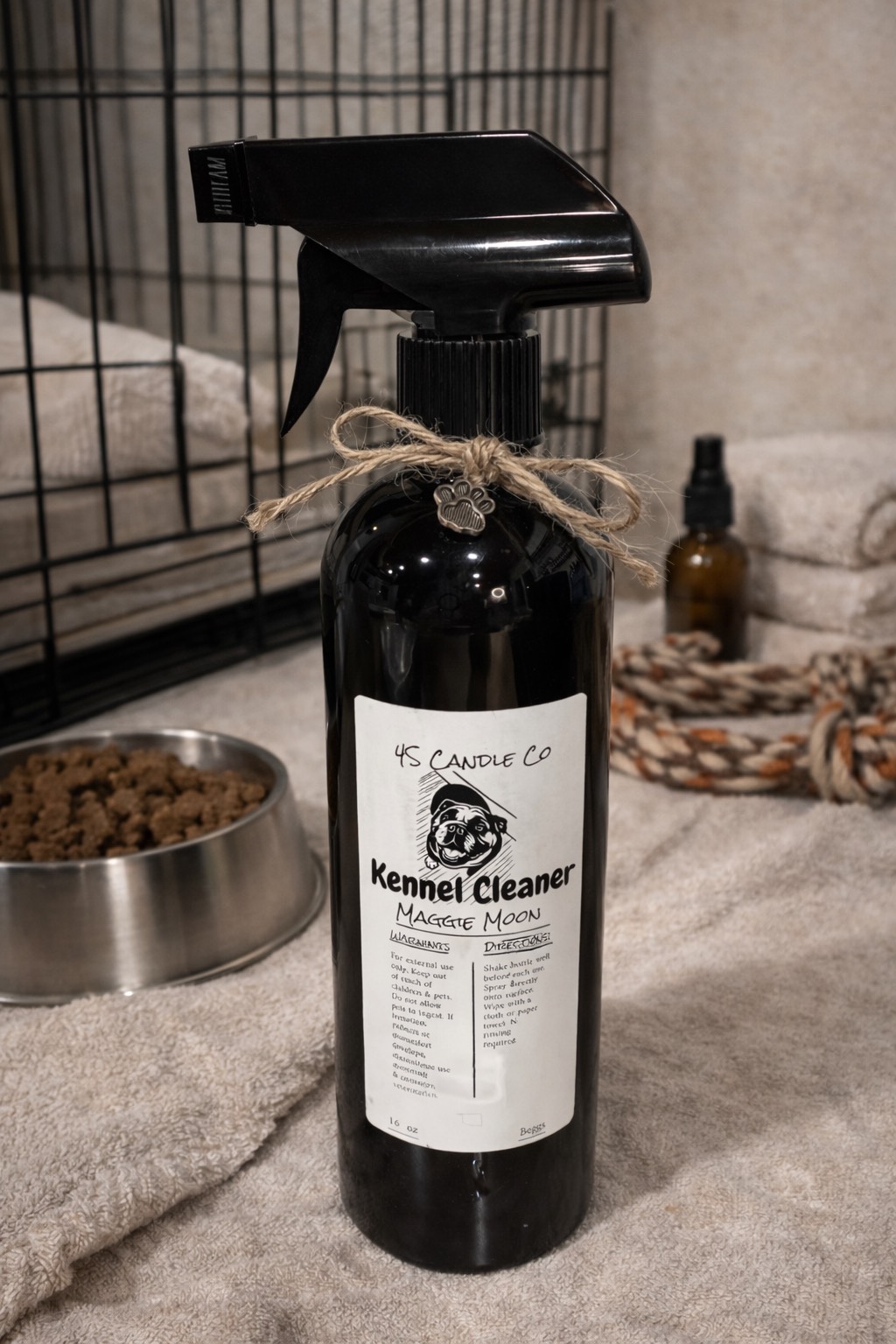A 16 oz black spray bottle with a tan string attached to the tied in a bow with a sliver pet paw cahrm. A white lable with product information: 4S Candle Co, Kennel Cleaner, Maggie Moon, Directions, and Warning label. A picute of an english bulldog is centered on the label. THe backgorund consist sof a partial view of a kennel, another small spray bottle, a rope, a stack of tan towls, and a dog food bowl with dog food.