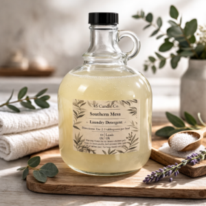 Clear growler jug filled with liquid detergent capped with a black scre on lid. Labeled with 4S Candle Co, named Southern Mesa, DIrections of Use 2-3 TBS per load. Holds 64oz made in Ok and has a warning label. Grolwer sits ontop of a wood cutting board decor piece with leaves and flpwer surrounding as well as twols in the background and a wood scoop holdig powder detergent.