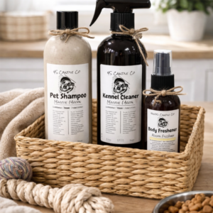 Three products grouped together in a weaved rectangular basket sitting on a wood table surrounded with a rope toy, dog food bowl and dog food, blanket and a window with a plant near it in the background. The products featured are a pet shampoo in a tan 16oz bottle with black cap. A 16oz black spray bottle of all purpose cleaner, and a 4oz black bottle of body spray with a mister nozzel. Each bottle is labeled with the 4S Candle Co infomormation label with a picture of english bulldog.
