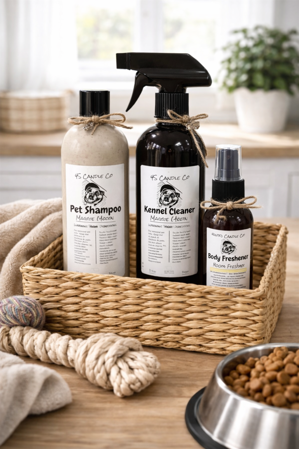 Three products grouped together in a weaved rectangular basket sitting on a wood table surrounded with a rope toy, dog food bowl and dog food, blanket and a window with a plant near it in the background. The products featured are a pet shampoo in a tan 16oz bottle with black cap. A 16oz black spray bottle of all purpose cleaner, and a 4oz black bottle of body spray with a mister nozzel. Each bottle is labeled with the 4S Candle Co infomormation label with a picture of english bulldog.