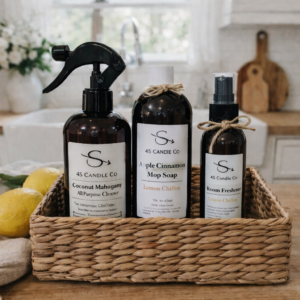 Three product bottles in black bottles. One spary bottle with all purpose cleaner, one mister spray bottle with room feshener, an one 16oz bottle with white cap of mop soap. Each bottle has the 4S Candle Co label with product information. The bottles are grouped togeterh sitting in a brown weaved rectangular basket sitting on a table. Lemons stitting on a towl is to the side of the product basket. The background consists of a kitch scene with a farmers sicnk, window, couontertop with varois decor ( vse & flowers and cutting boards.