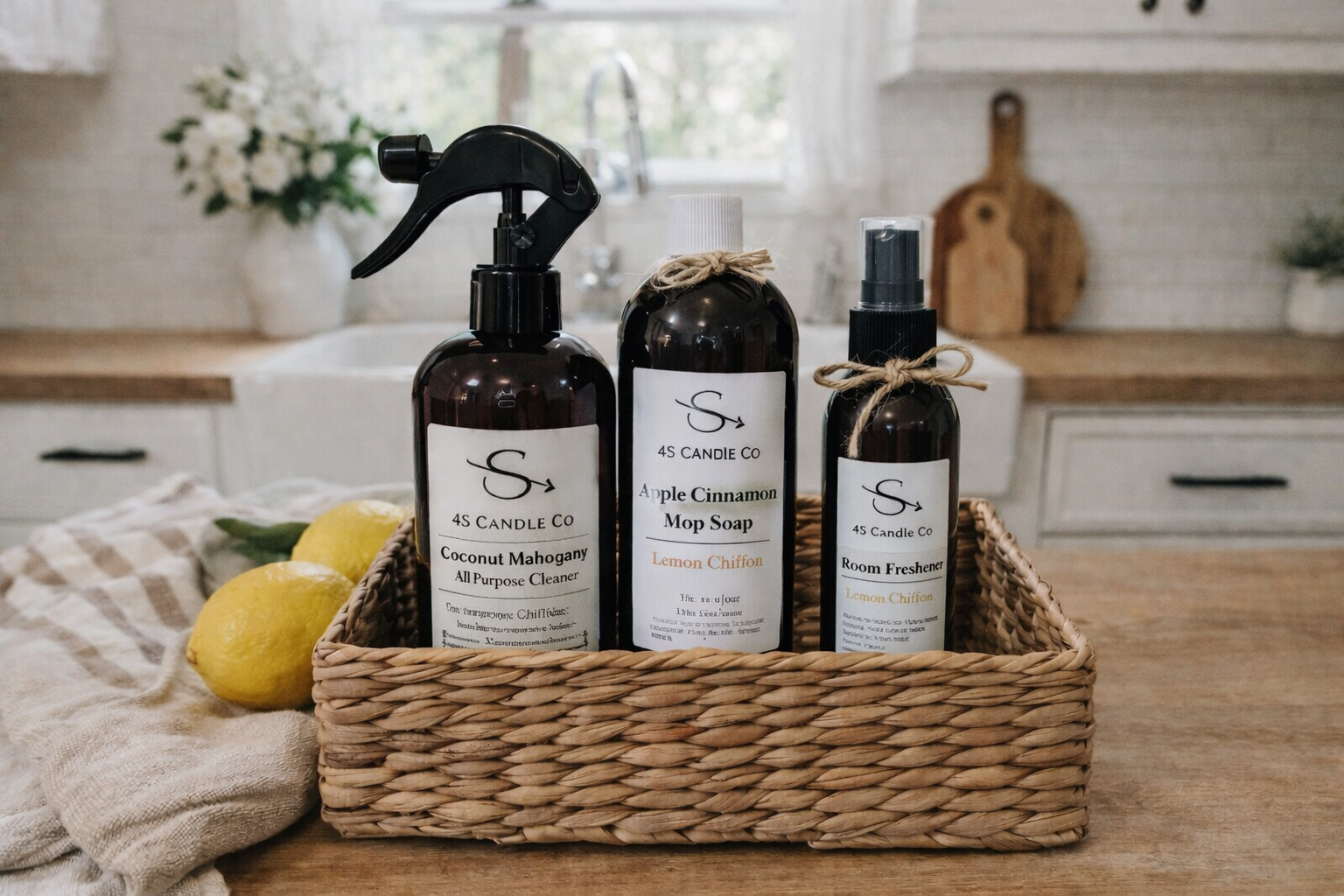 Three product bottles in black bottles. One spary bottle with all purpose cleaner, one mister spray bottle with room feshener, an one 16oz bottle with white cap of mop soap. Each bottle has the 4S Candle Co label with product information. The bottles are grouped togeterh sitting in a brown weaved rectangular basket sitting on a table. Lemons stitting on a towl is to the side of the product basket. The background consists of a kitch scene with a farmers sicnk, window, couontertop with varois decor ( vse & flowers and cutting boards.
