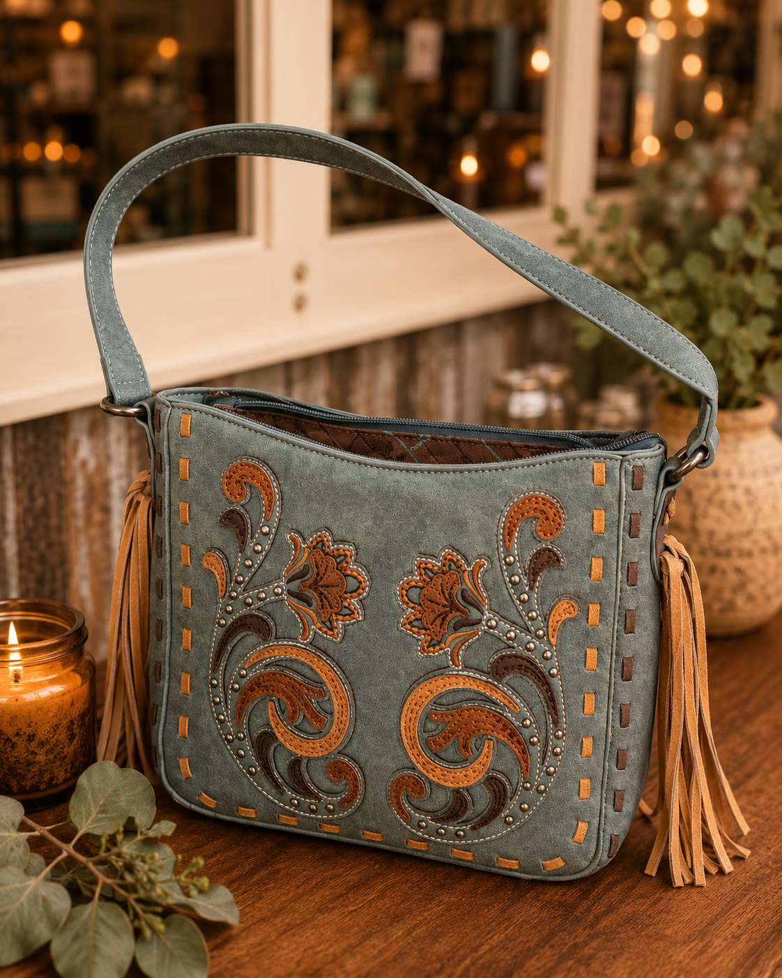 MW Floral Fringe Shoulder Bag – Blue