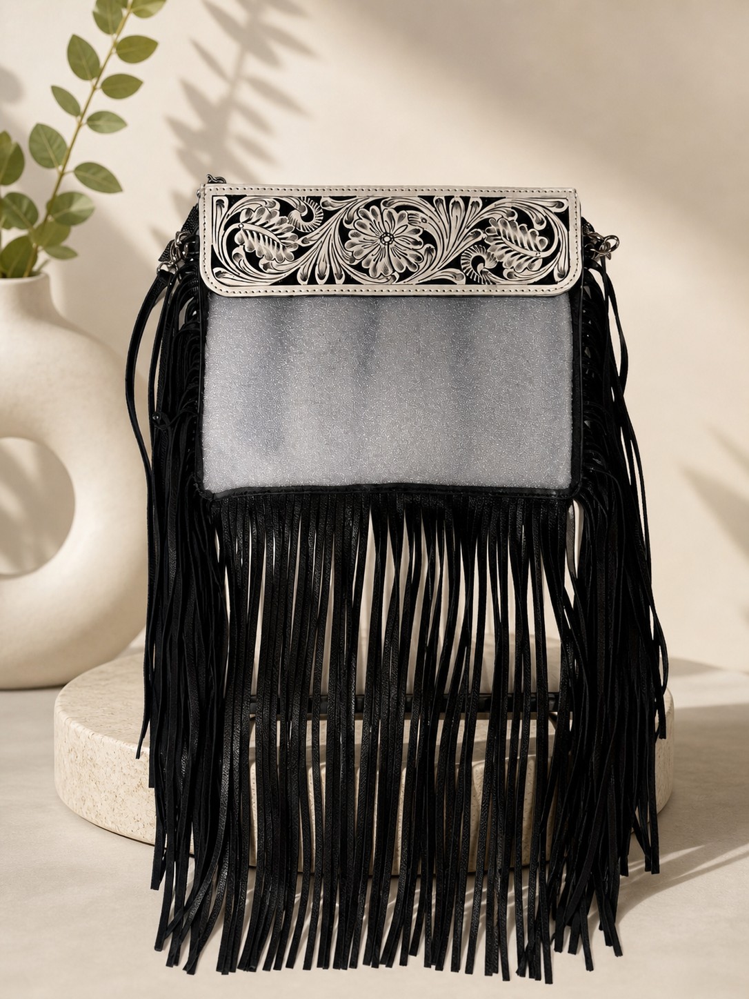 Hand-Tooled Clear Cowhide Crossbody
