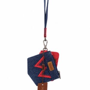jean pocket with red W for wrangler, wristlet, red cardholder. Jean pocket has zipper at top. Jean wristlet