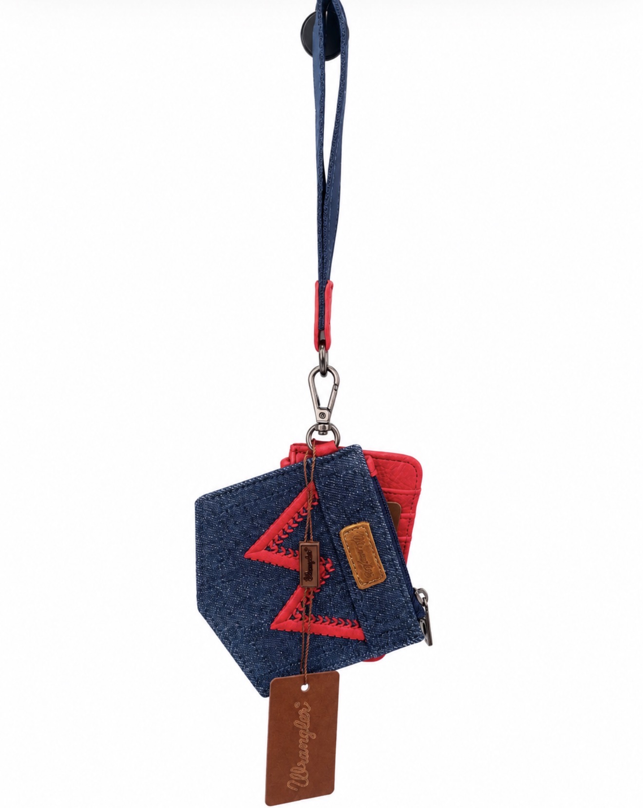 jean pocket with red W for wrangler, wristlet, red cardholder. Jean pocket has zipper at top. Jean wristlet