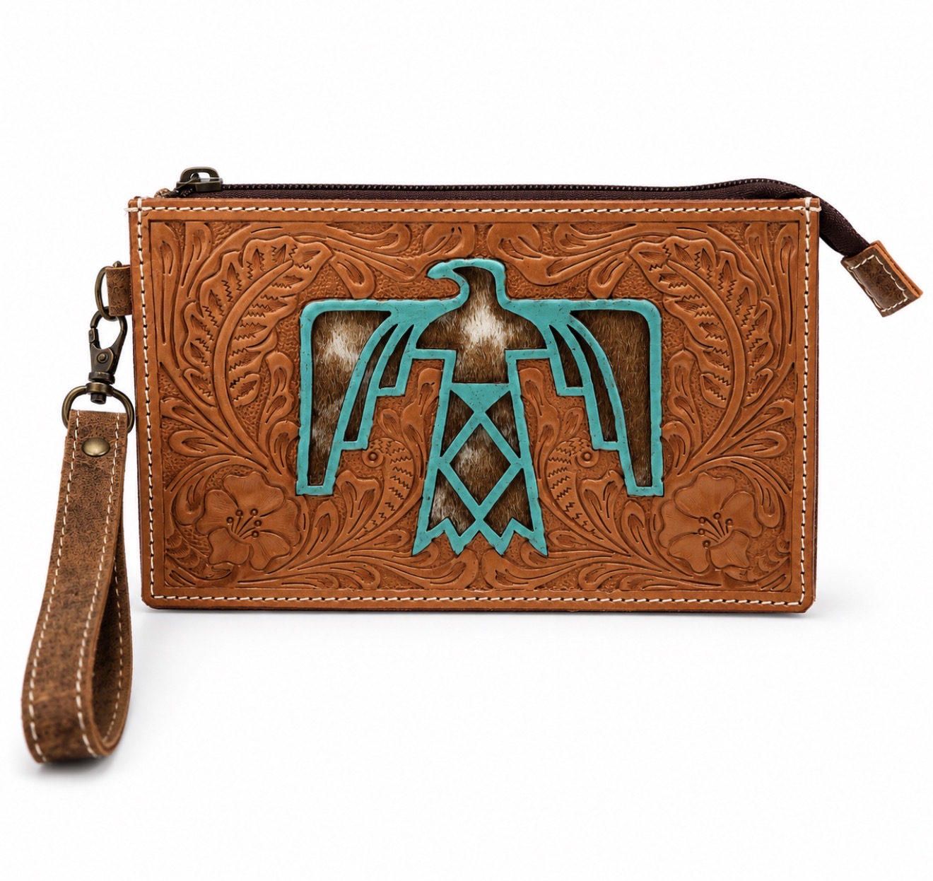 Thunderbird Tooled Leather Cowhide Wristlet