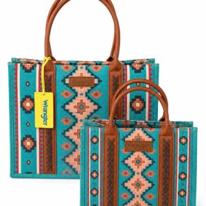 2-Wrangler purses in a southwest pattern with the main colors of teal with accents of soft peach, orange, and black. Brown leather designs and straps on both bags. A large tote sits in a all whilte background with a smaller version purse sitting in front of the larger tote