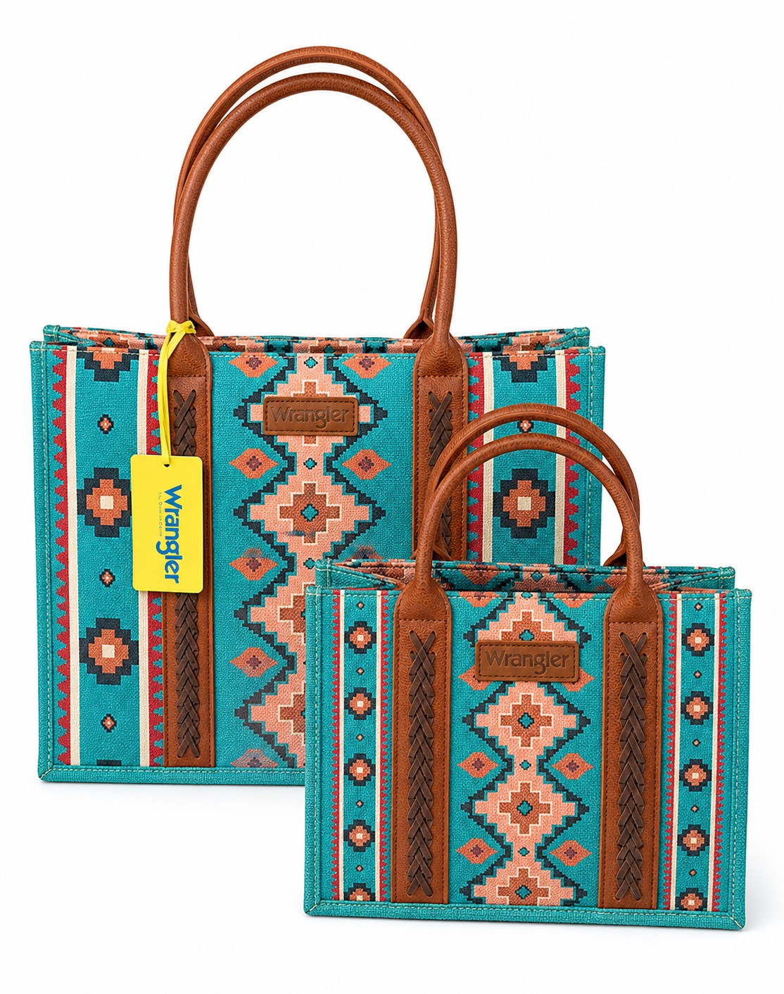 2-Wrangler purses in a southwest pattern with the main colors of teal with accents of soft peach, orange, and black. Brown leather designs and straps on both bags. A large tote sits in a all whilte background with a smaller version purse sitting in front of the larger tote