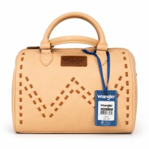 Wrangler Bag- this is a photo of a cream colored wrangler bag that is a doctors bag shape with a zipper. The purse is leather and has two matching leather handles. A Lace Stich pattern rund from top to bottom of wither side and the same designed stiching is used to create the signature W in the middle of the purse.