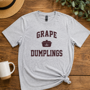 light gray t shirt with dark purple lettering that says Grape Dumpling and a graphic design